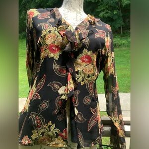 Laura Ashley 100% Silk Black Ruffle Blouse Paisley Floral Whimsigoth Bohemian